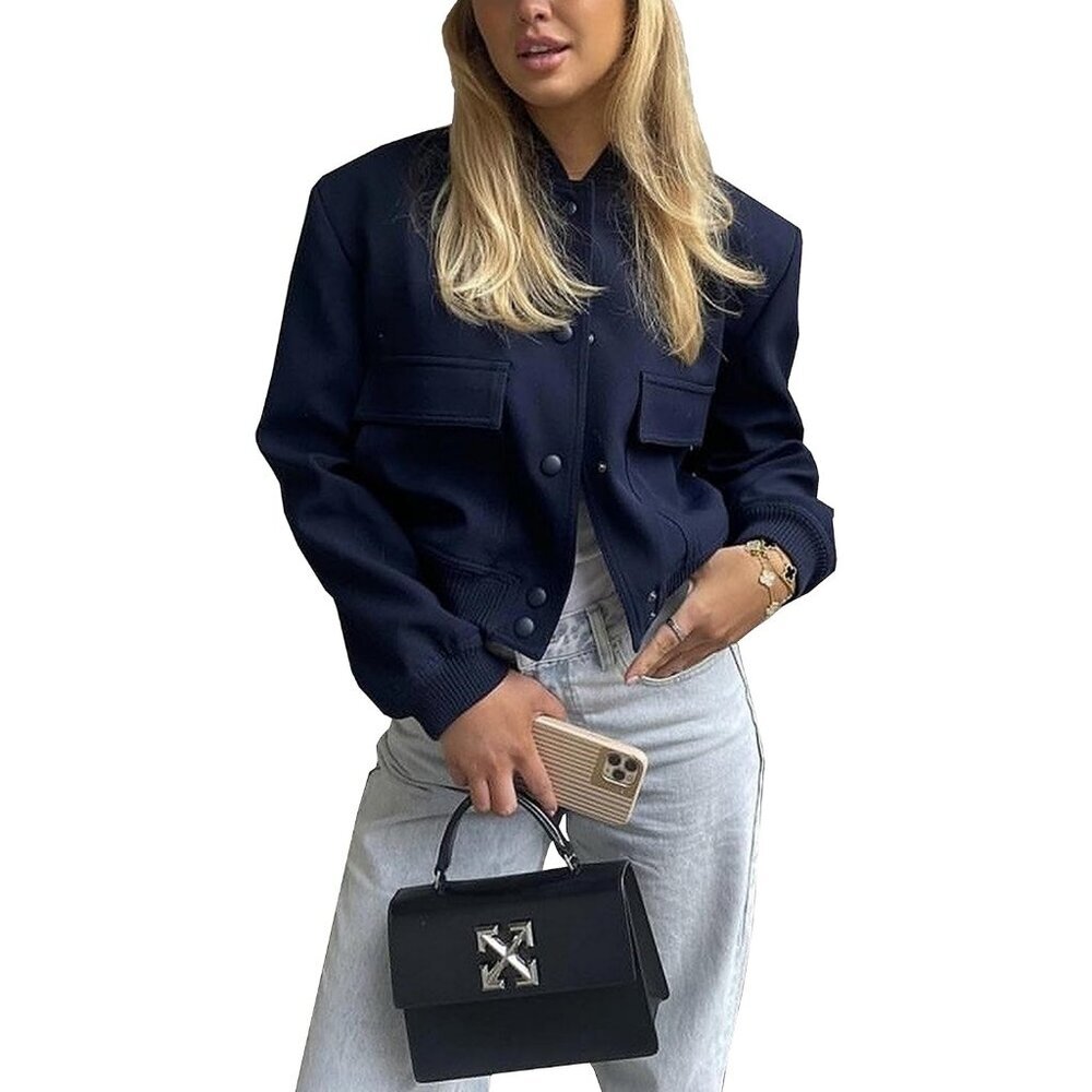 Women's Fashion Button Down Bomber Dark Blue Jacket Varsity Side Pockets Cropped